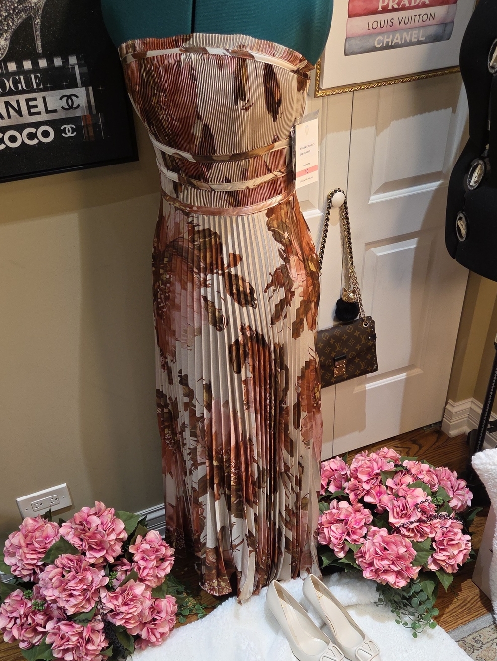 Nwt 14, 12, 10, 8 Taylor Strapless Pleated Floral Maxi Dress in Cream and Brown - Picture 16 of 16